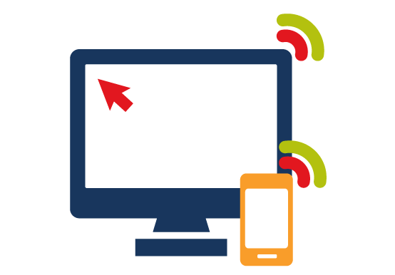 Icon illustration of a blue monitor with a red curser arrow in the top left of the screen and a small yellow telephone icon in the bottom right corner. both screens have wifi signals coming off the top right corner